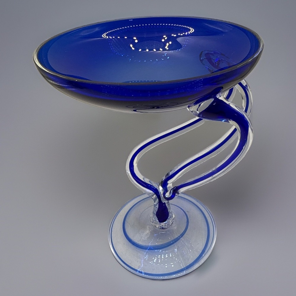 Vintage Jozefina Krosno Poland Cobalt & Clear Art Glass Pedestal 6.75" Dish